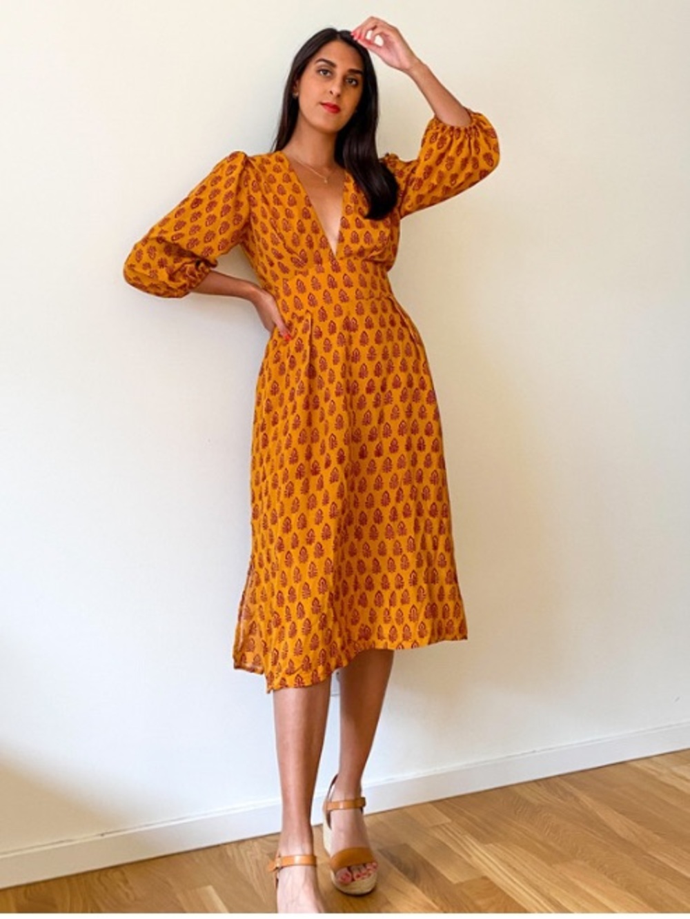 Olivaceous Golden Mustard Printed V-Neck Puff-Sleeve Midi Dress